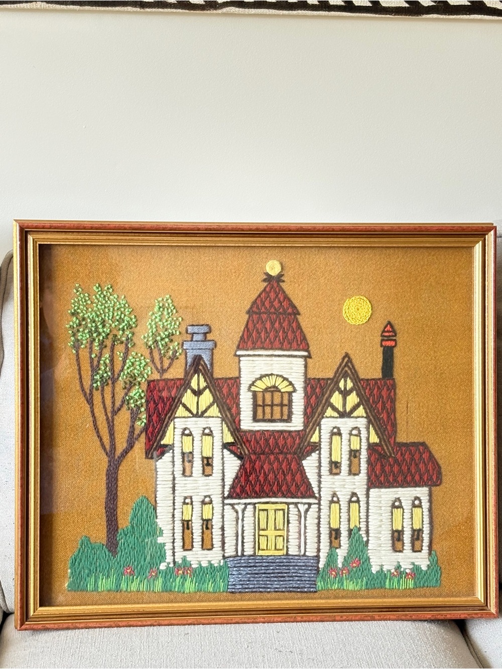 Framed Embroidered House Art - Red Roof, Cream Walls